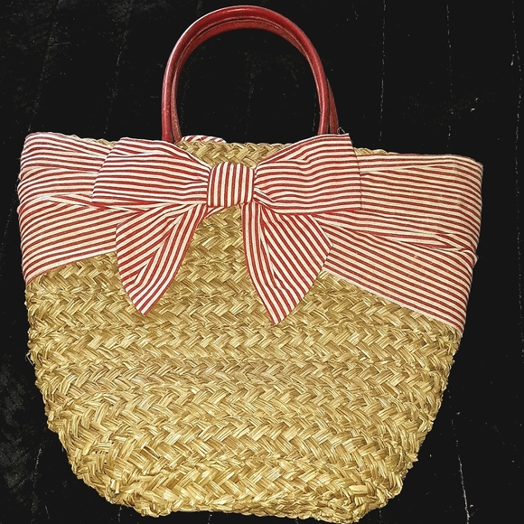 Woven Wicker Big Striped Bow Tote Bag - Picture 1 of 6